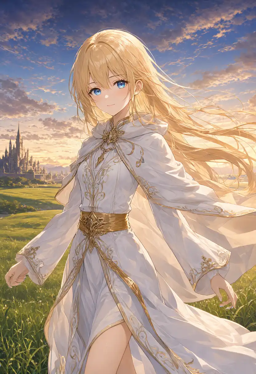 Figure in front of a castle at sunset, generated without a cache