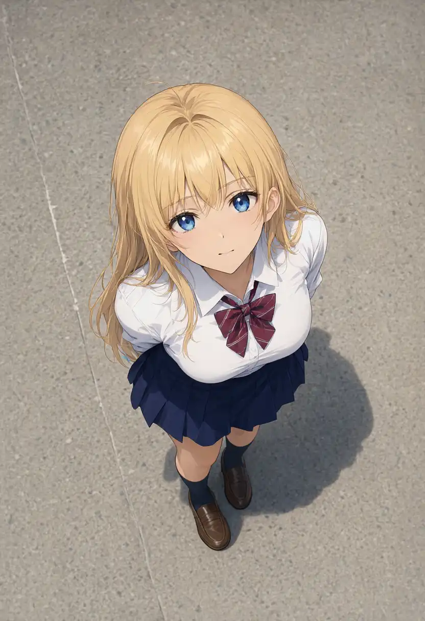 Overhead image of a blonde girl looking up, generated without a cache. The ribbon has red stripes